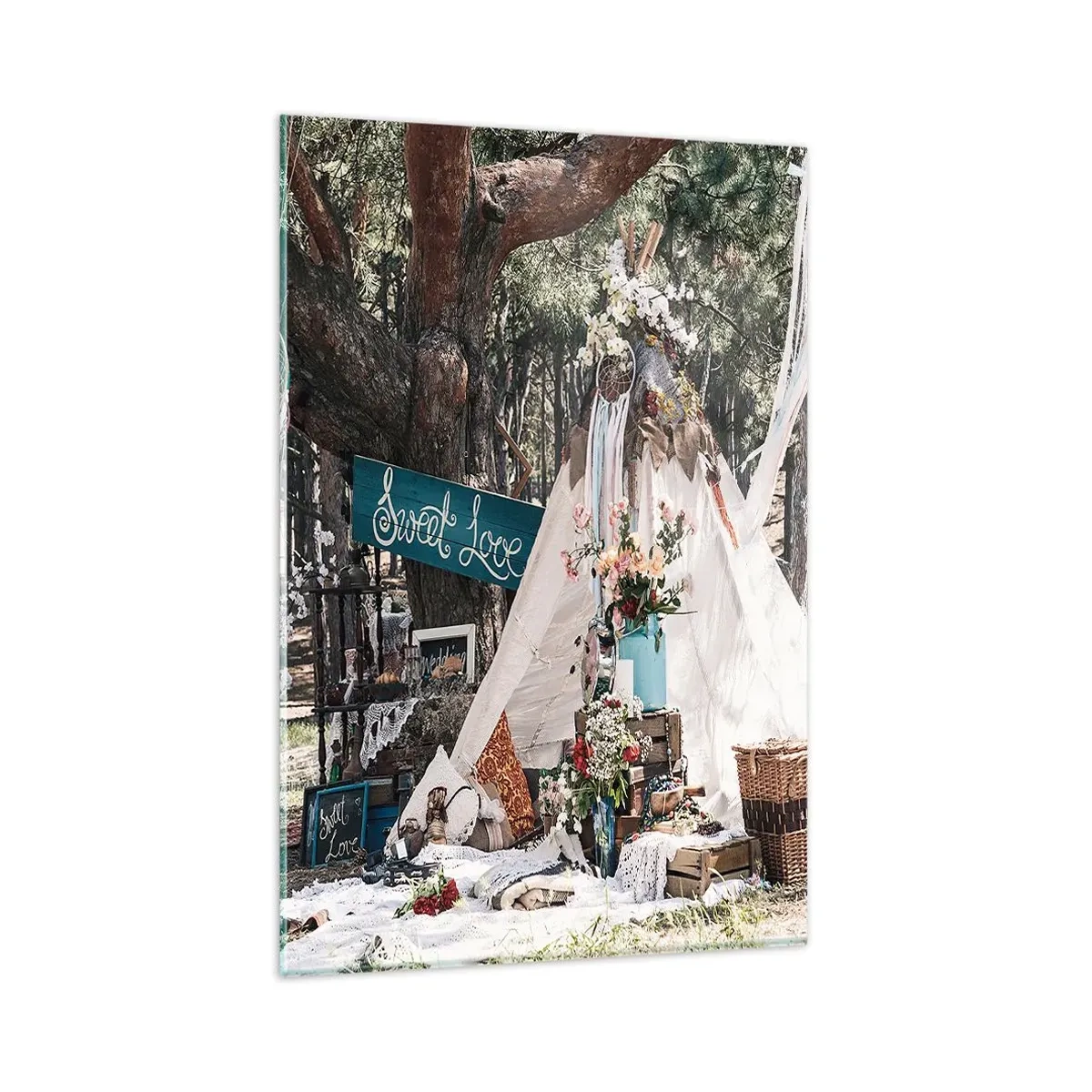 Cuadro sobre vidrio - Impresiones sobre Vidrio - Decoración boho con un tipi en el bosque - 80x120cm - Amor exótico - Decoración de pared moderna para salón y dormitorio ARTTOR