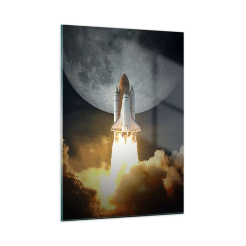 Cuadro sobre vidrio - Impresiones sobre Vidrio - Un lanzamiento de un cohete espacial con la luna y el cielo nocturno como telón de fondo. - 50x70cm - El comienzo de una aventura sobrenatural - Decoración de pared moderna para salón y dormitorio ARTTOR
