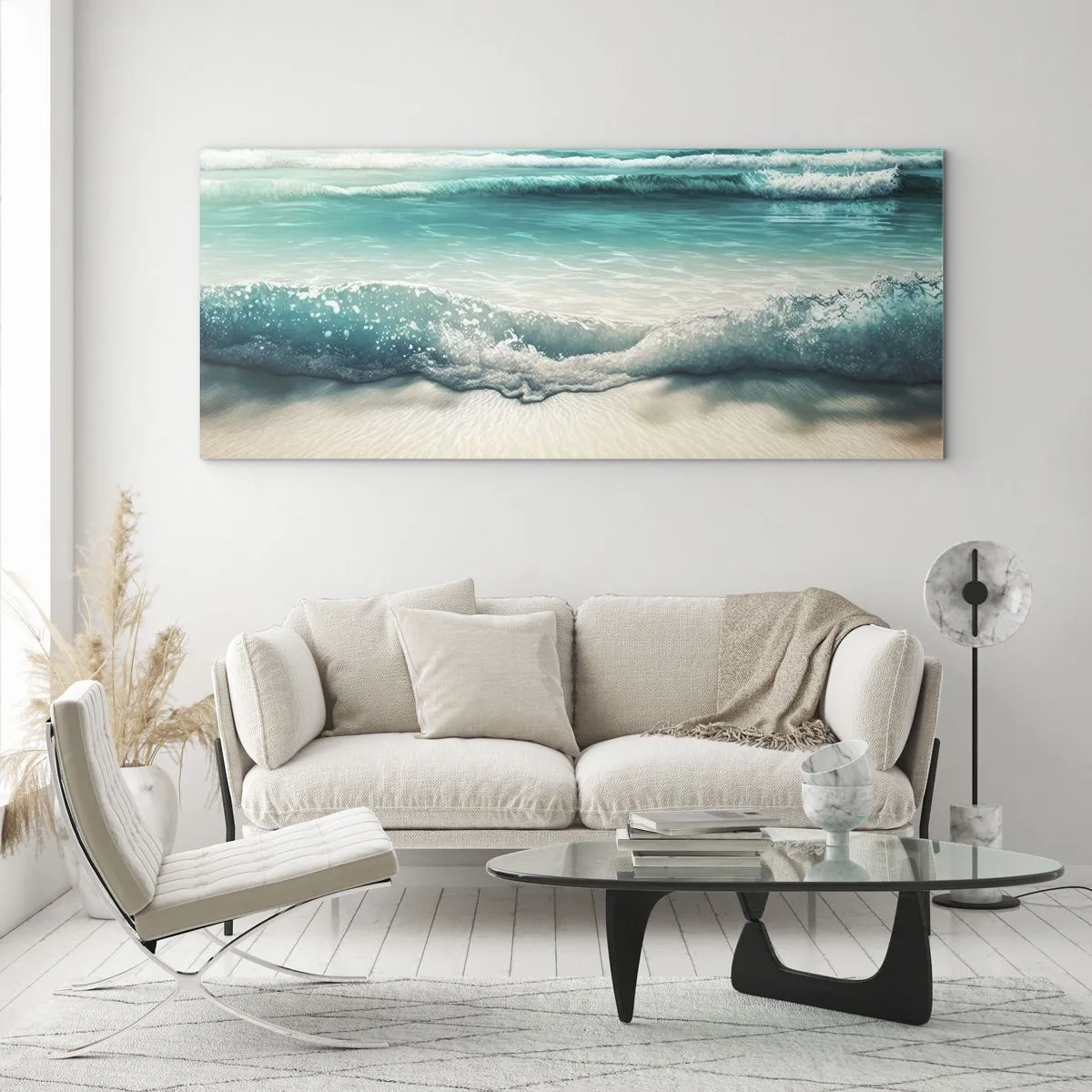 Cuadro sobre vidrio - Impresiones sobre Vidrio - Olas del océano en una playa de arena clara - 120x50cm - Calma oceánica - Decoración de pared moderna para salón y dormitorio ARTTOR
