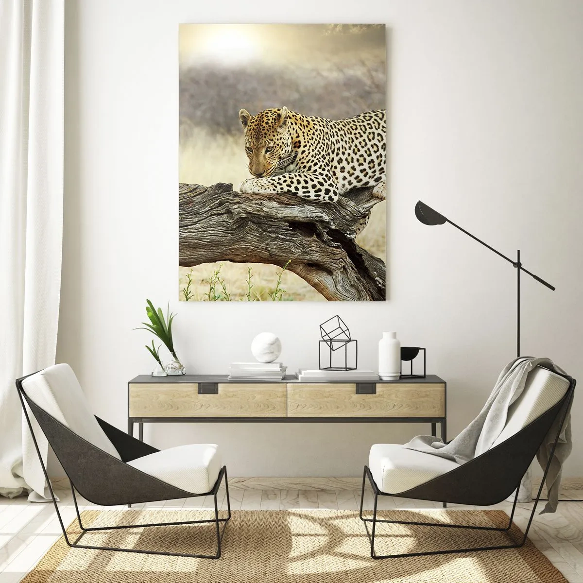 Cuadro sobre vidrio - Impresiones sobre Vidrio - Un leopardo descansando en el tronco de un árbol en la sabana. - 80x120cm - Voy por mi cuenta - Decoración de pared moderna para salón y dormitorio ARTTOR