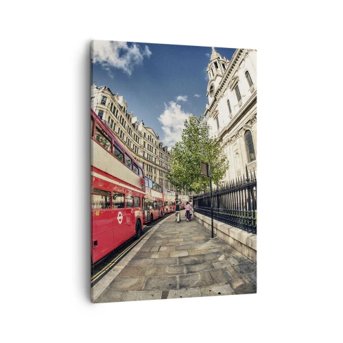 Cuadro sobre lienzo - Impresión de Imagen - Autobús rojo de dos pisos en Londres, cerca de la calle y la catedral. - 50x70cm - Una calle de Londres en gris y rojo - Decoración de pared moderna para salón y dormitorio ARTTOR
