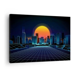 Cuadro sobre lienzo - Impresión de Imagen - Horizonte urbano futurista de estilo neón - 70x50cm - ¿Todavía deseas volver a la realidad? - Decoración de pared moderna para salón y dormitorio ARTTOR