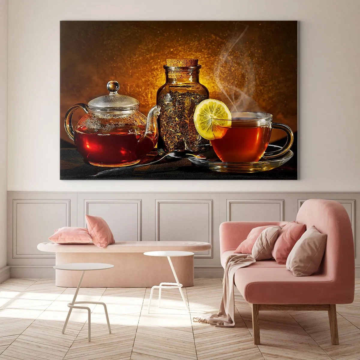 Cuadro sobre vidrio - Impresiones sobre Vidrio - Una tetera de cristal y una taza de té con limón. - 70x50cm - Al estilo de los maestros holandeses - Decoración de pared moderna para salón y dormitorio ARTTOR