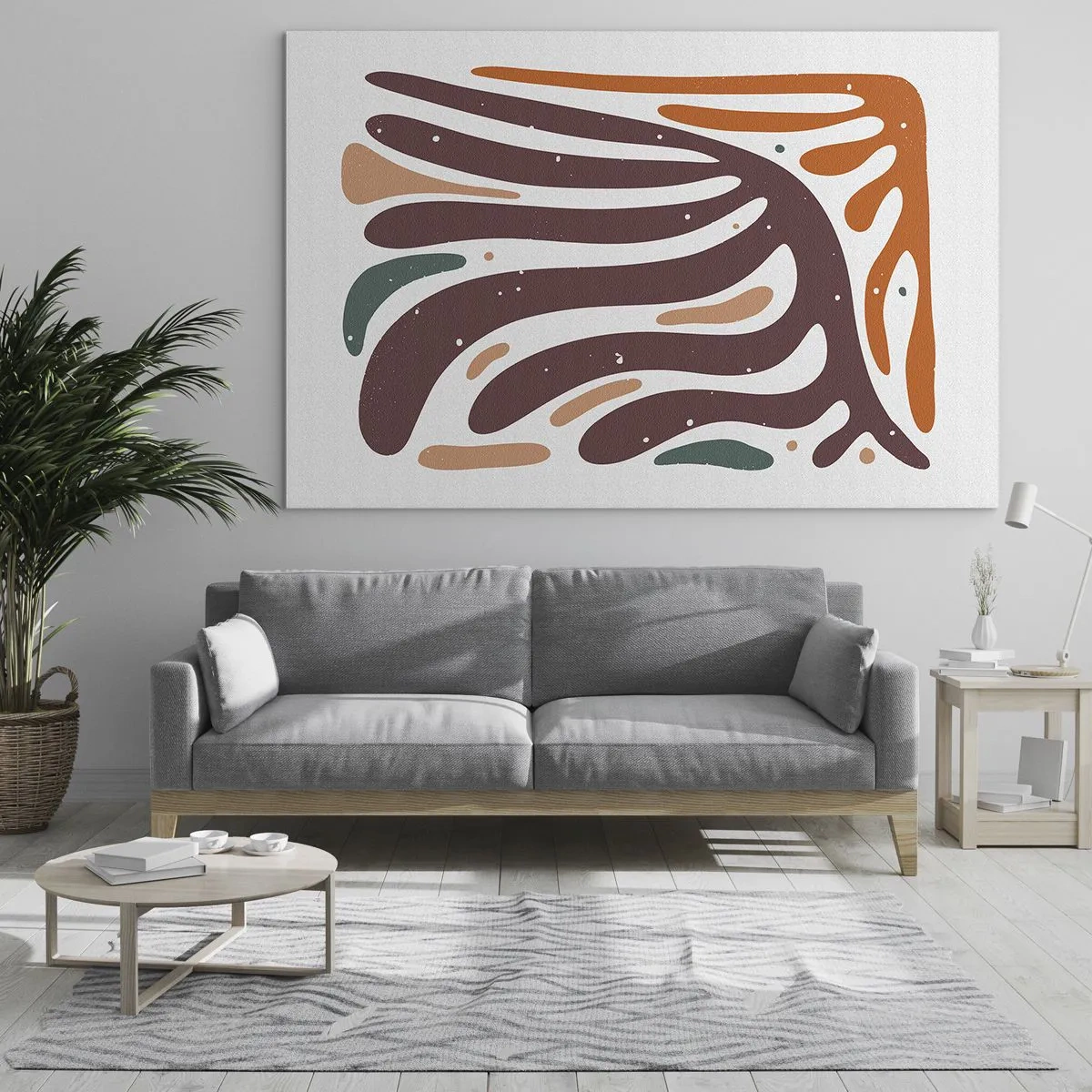 Cuadro sobre vidrio - Impresiones sobre Vidrio - Formas abstractas en tonos marrones y naranjas que irradian sobre un fondo blanco. - 70x50cm - Composición orgánica - Decoración de pared moderna para salón y dormitorio ARTTOR