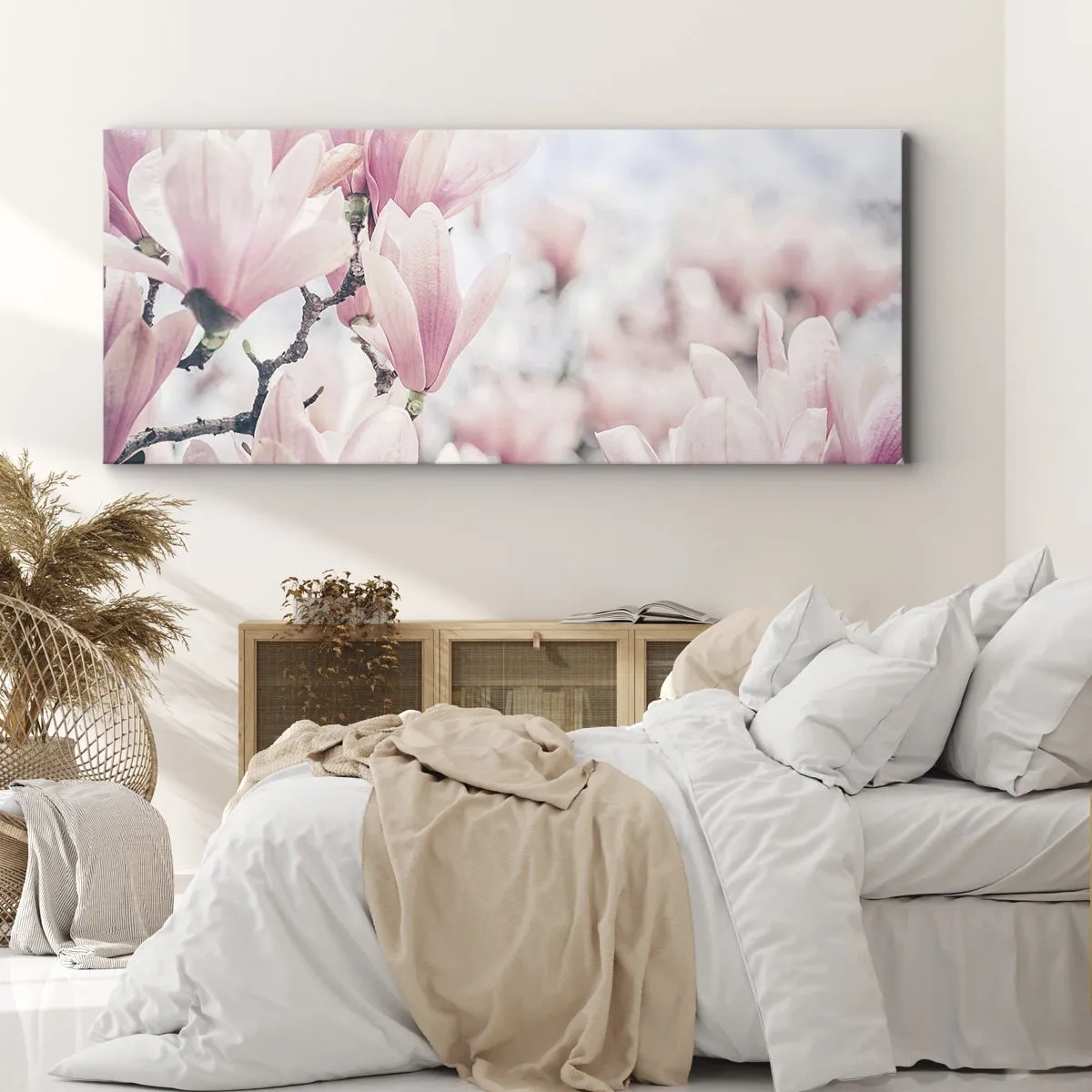 Cuadro sobre lienzo - Impresión de Imagen - Sutiles flores de magnolia en delicados tonos rosados. - 120x50cm - La perfección de la sutileza - Decoración de pared moderna para salón y dormitorio ARTTOR