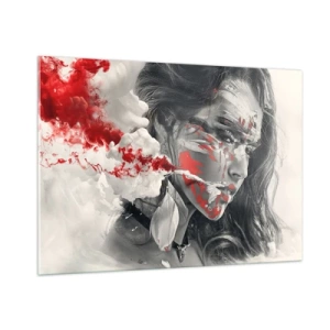 Cuadro sobre vidrio - Impresiones sobre Vidrio - Retrato de una mujer con patrones abstractos rojos y blancos. - 100x70cm - En los humos del absurdo - Decoración de pared moderna para salón y dormitorio ARTTOR