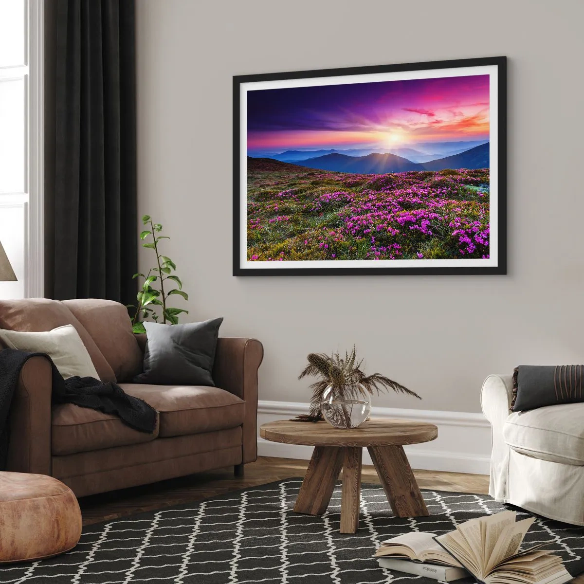 Póster en marco negro - Prado de montaña con flores al atardecer - 70x50cm - Dulce aroma a frescura - Decoración de pared moderna para salón y dormitorio ARTTOR