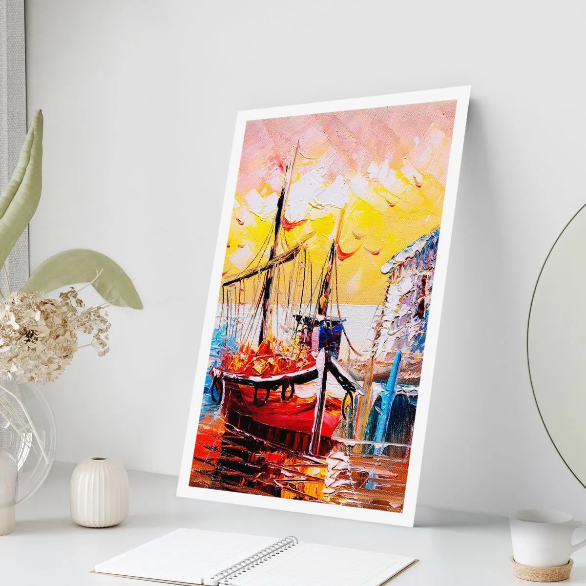 Póster - Un pintoresco barco con el sol poniente como telón de fondo. - 50x70cm - Feliz regreso - Decoración de pared moderna para salón y dormitorio ARTTOR