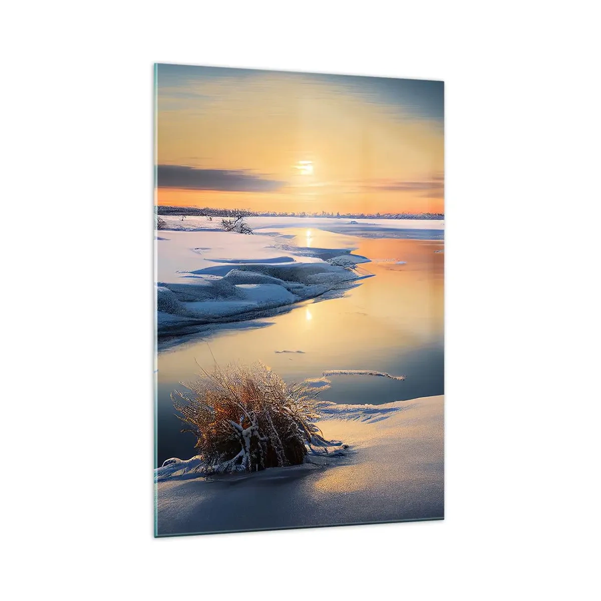 Cuadro sobre vidrio - Impresiones sobre Vidrio - Paisaje invernal con un río al atardecer - 70x100cm - Atardecer de invierno - Decoración de pared moderna para salón y dormitorio ARTTOR