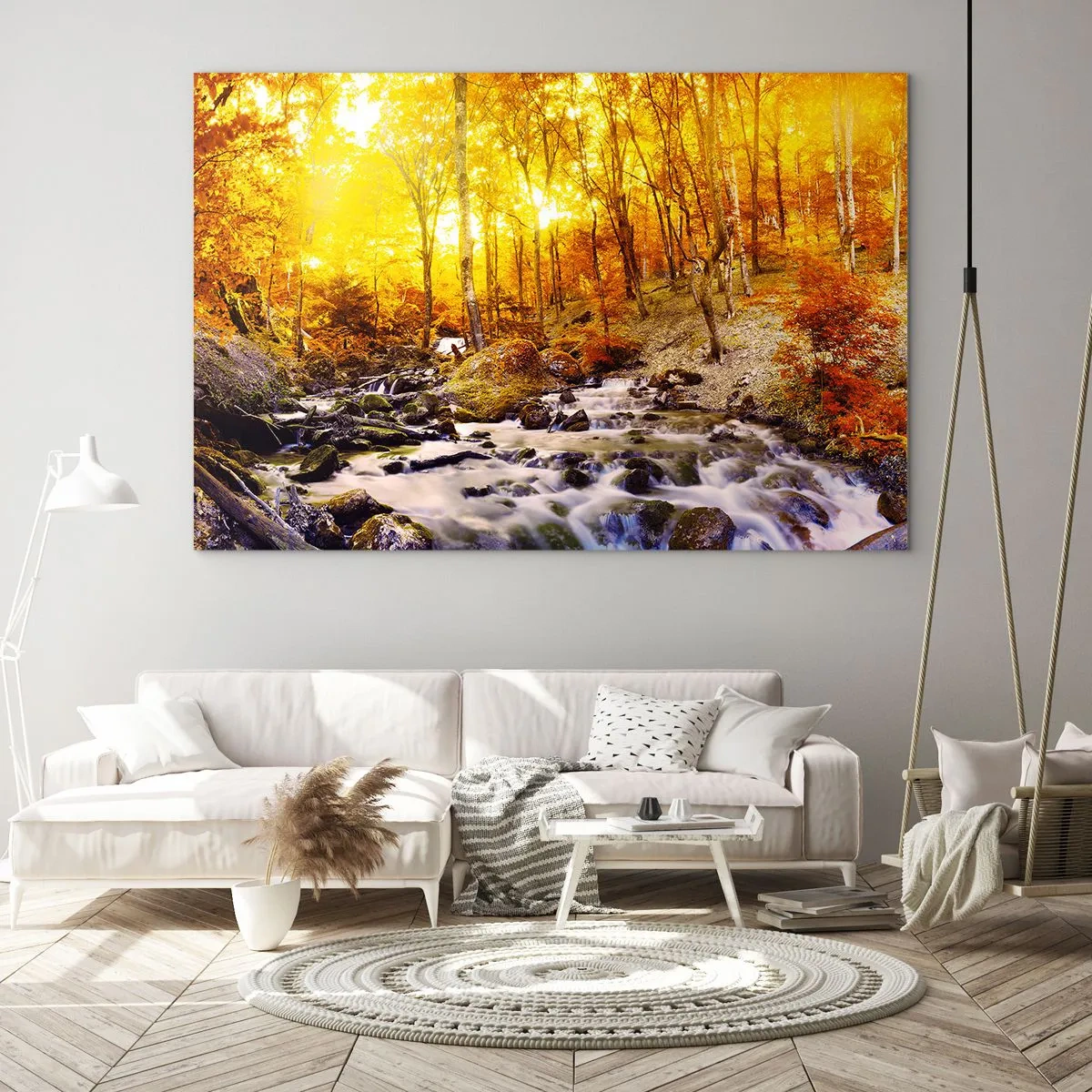 Cuadro sobre vidrio - Impresiones sobre Vidrio - Bosque otoñal con un río bajo los rayos de luz cálida. - 100x70cm - Piedras bañadas en oro y platino - Decoración de pared moderna para salón y dormitorio ARTTOR
