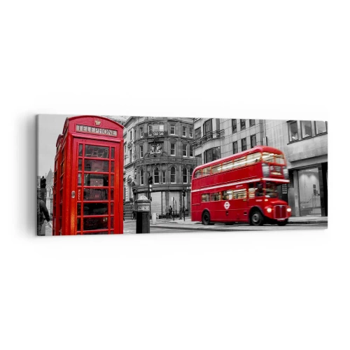 Cuadro sobre lienzo - Impresión de Imagen - Una cabina telefónica roja y un autobús de dos pisos en Londres con la ciudad al fondo. - 140x50cm - El más rojo de Europa - Decoración de pared moderna para salón y dormitorio ARTTOR