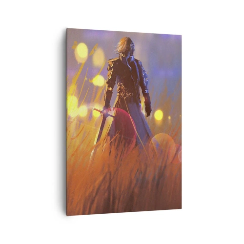 Cuadro sobre lienzo - Impresión de Imagen - La figura de un caballero a la luz del sol poniente en un campo. - 70x100cm - El caballero equivocado - Decoración de pared moderna para salón y dormitorio ARTTOR
