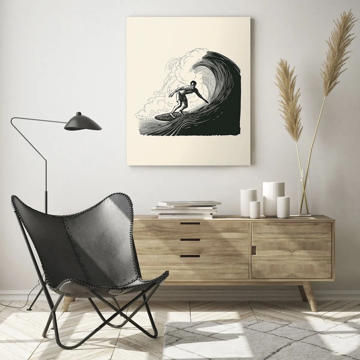 Cuadro sobre vidrio - Impresiones sobre Vidrio - Surfista montando una ola alta en un estilo de dibujo retro. - 50x70cm - Rey de la ola - Decoración de pared moderna para salón y dormitorio ARTTOR