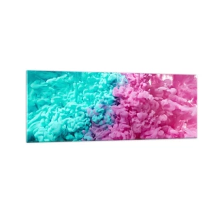 Cuadro sobre vidrio - Impresiones sobre Vidrio - Ondas coloridas de color turquesa y rosa en forma abstracta. - 140x50cm - Un choque decisivo - Decoración de pared moderna para salón y dormitorio ARTTOR