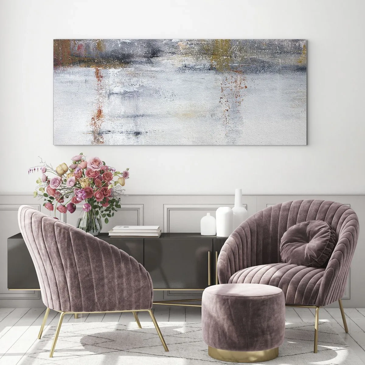 Cuadro sobre vidrio - Impresiones sobre Vidrio - Un paisaje abstracto con acentos borrosos de gris y dorado. - 140x50cm - Tras una cortina de aire - Decoración de pared moderna para salón y dormitorio ARTTOR