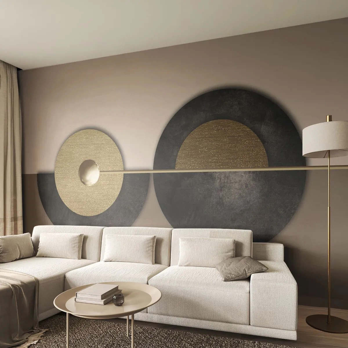 Fotomural Premium Sand - Composición geométrica de círculos en dorado y negro. - 100x70cm - Variaciones en torno a un círculo - Decoración de pared moderna para salón y dormitorio ARTTOR