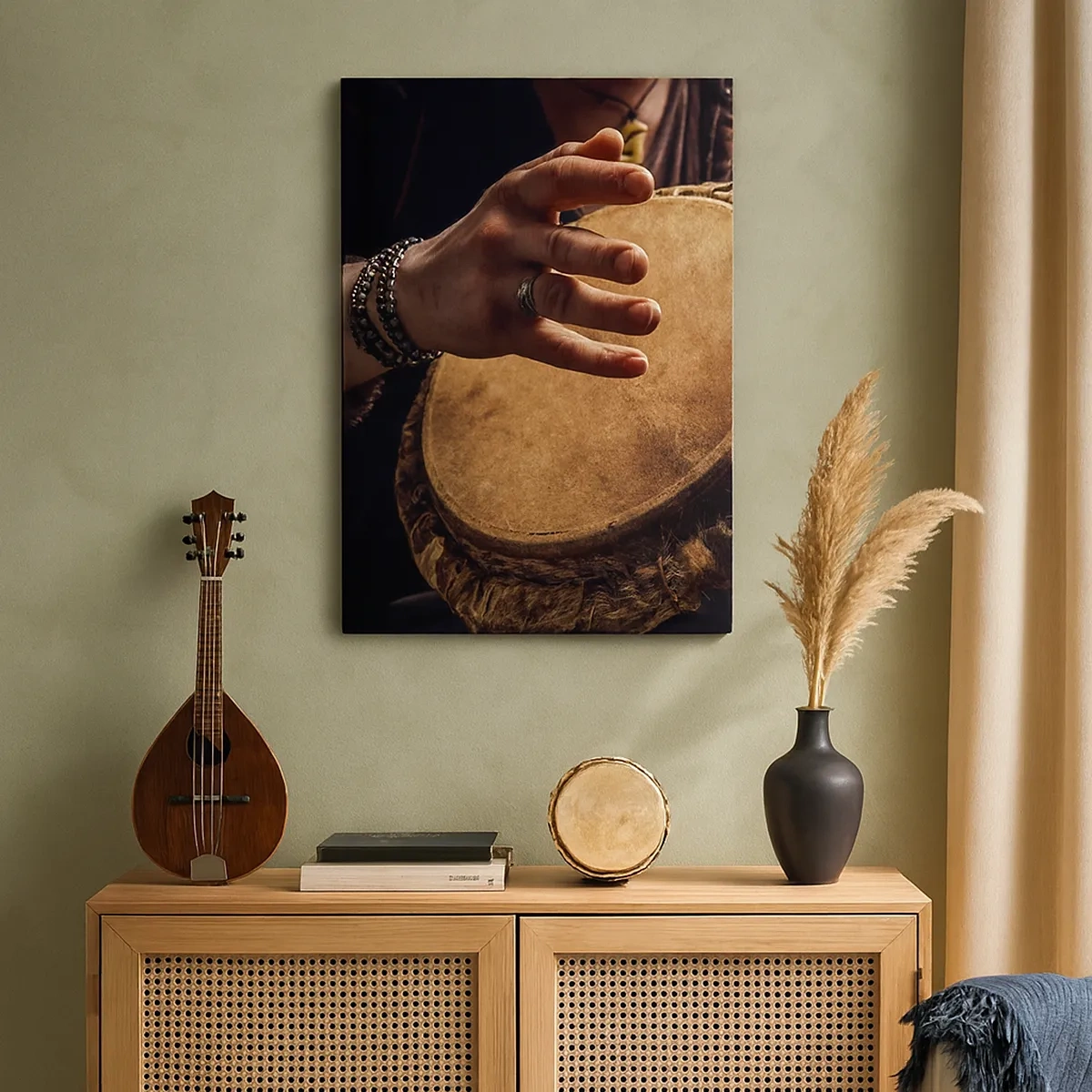 Cuadro sobre lienzo - Impresión de Imagen - Manos tocando un tambor djembé tradicional - 50x70cm - En el ritmo del corazón - Decoración de pared moderna para salón y dormitorio ARTTOR