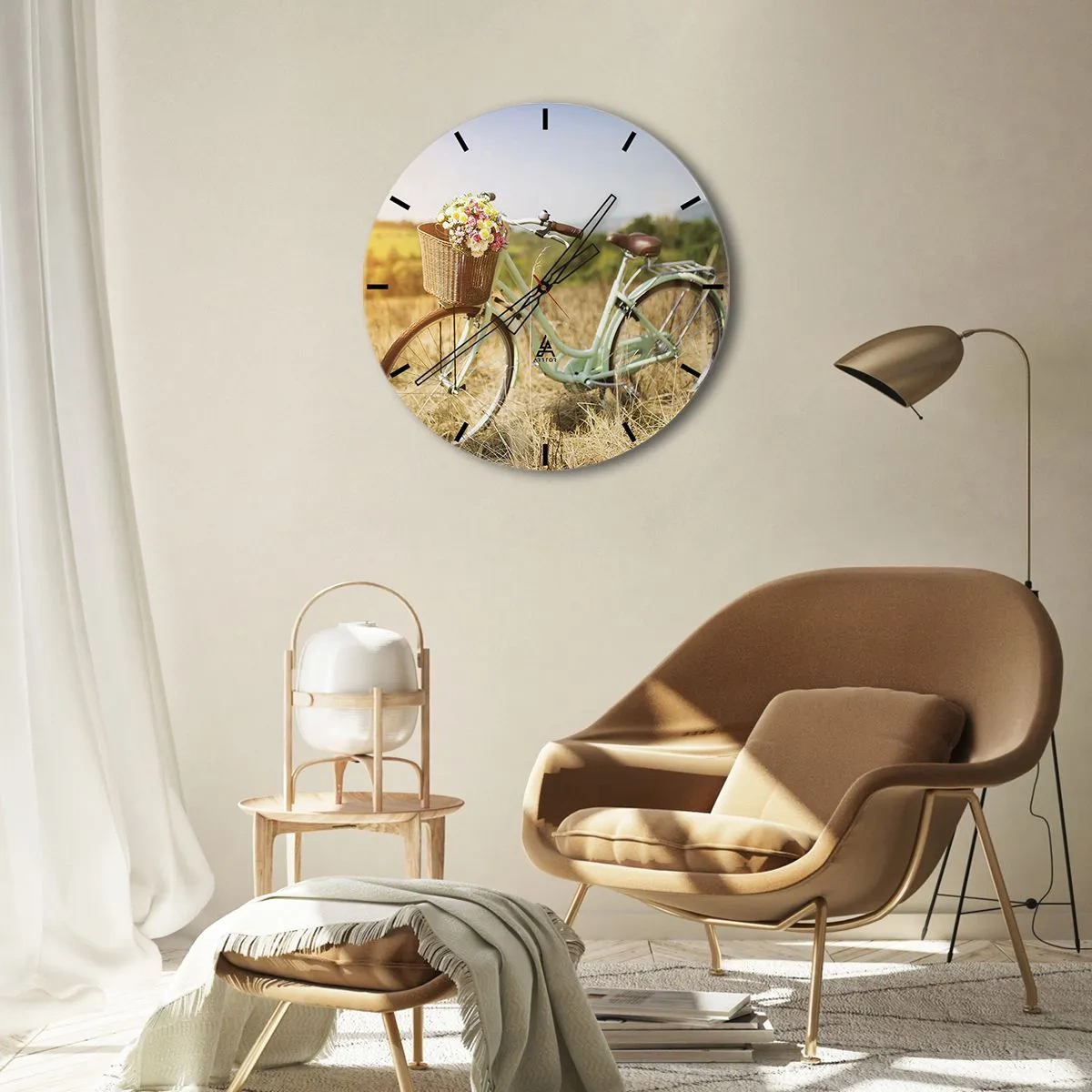 Reloj de pared - Reloj de vidrio - Una bicicleta con una cesta llena de flores en un campo en un día soleado. - 30x30cm - Me quedaré aquí un tiempo - Decoración de pared moderna para salón, cocina y dormitorio ARTTOR