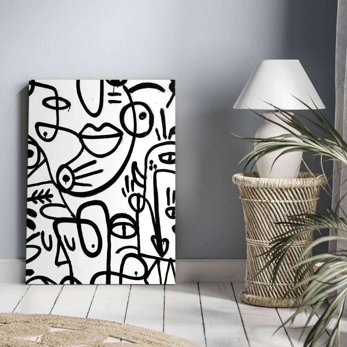 Cuadro sobre lienzo - Impresión de Imagen - Dibujos abstractos en blanco y negro con motivos faciales. - 80x120cm - Rostros y espejismos - Decoración de pared moderna para salón y dormitorio ARTTOR