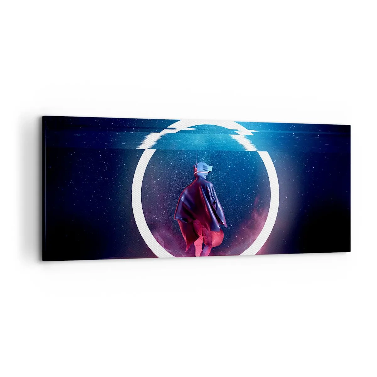 Cuadro sobre lienzo - Impresión de Imagen - Un personaje en un entorno futurista con un círculo de neón. - 120x50cm - Entre mundos - Decoración de pared moderna para salón y dormitorio ARTTOR