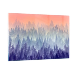 Cuadro sobre vidrio - Impresiones sobre Vidrio - Misterioso bosque de coníferas en tonos pastel de la mañana. - 120x80cm - Alto, más alto, hasta el cielo - Decoración de pared moderna para salón y dormitorio ARTTOR
