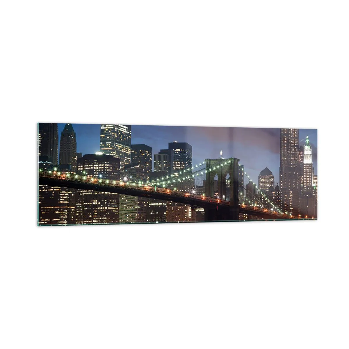 Cuadro sobre vidrio - Impresiones sobre Vidrio - Puente de la ciudad de Nueva York de noche con edificios iluminados - 160x50cm - Una noche iluminada - Decoración de pared moderna para salón y dormitorio ARTTOR