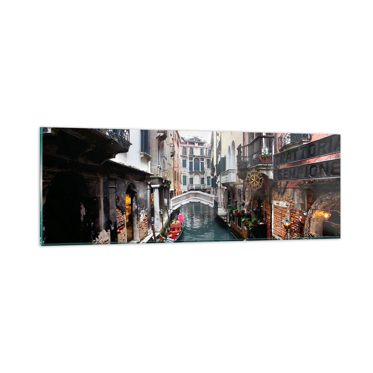 Cuadro sobre vidrio - Impresiones sobre Vidrio - Paisaje veneciano con góndola y puente - 90x30 cm