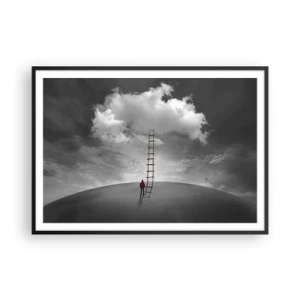 Póster en marco negro - Una persona con un abrigo rojo y una escalera que conduce a una nube. - 100x70cm - Todo es posible - Decoración de pared moderna para salón y dormitorio ARTTOR