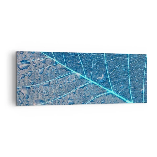 Cuadro sobre lienzo - Impresión de Imagen - Una hoja en tonos azules con gotas de agua. - 140x50cm - Vida en el azul - Decoración de pared moderna para salón y dormitorio ARTTOR