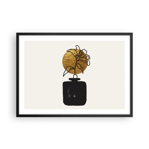 Póster en marco negro - Un dibujo de una flor en un jarrón sobre un fondo de círculo dorado. - 70x50cm - Belleza en equilibrio - Decoración de pared moderna para salón y dormitorio ARTTOR