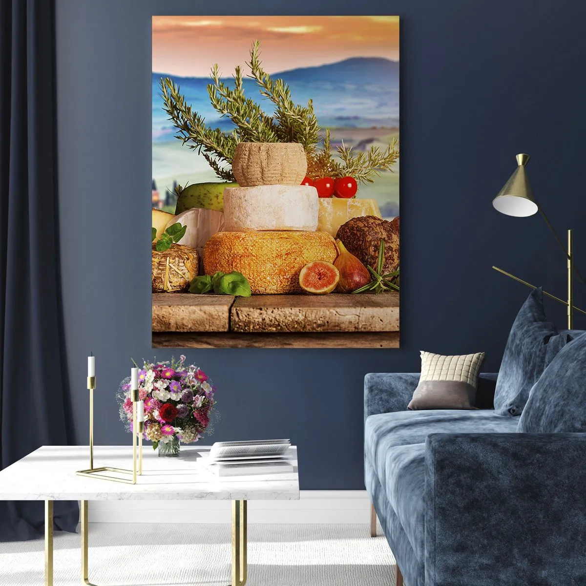 Cuadro sobre vidrio - Impresiones sobre Vidrio - Una composición de quesos y frutas con el paisaje toscano como telón de fondo. - 80x120cm - La alegría de vivir italiana - Decoración de pared moderna para salón y dormitorio ARTTOR