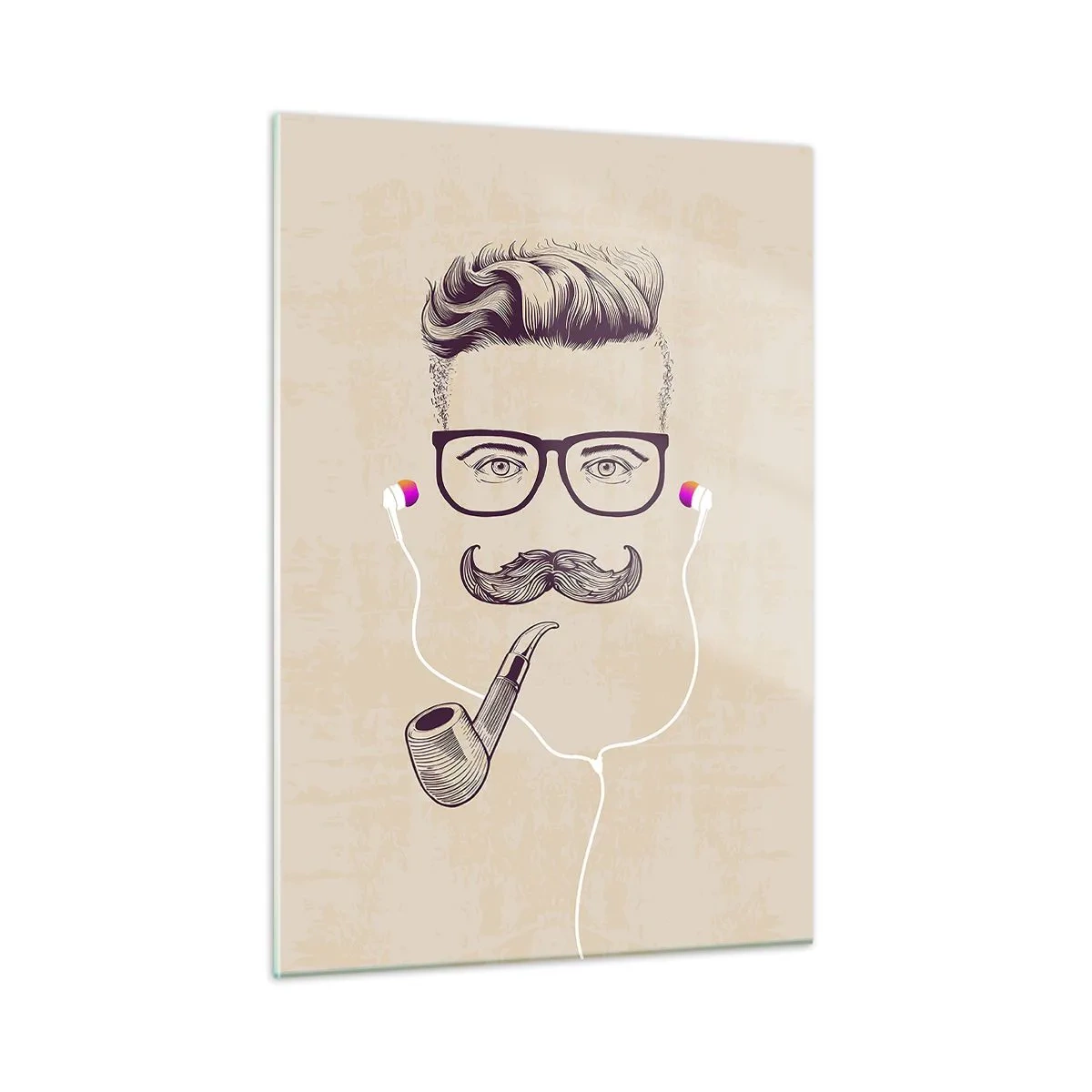 Cuadro sobre vidrio - Impresiones sobre Vidrio - Un dibujo de un hombre estilizado con gafas, bigote y pipa. - 50x70cm - Moda masculina - Decoración de pared moderna para salón y dormitorio ARTTOR
