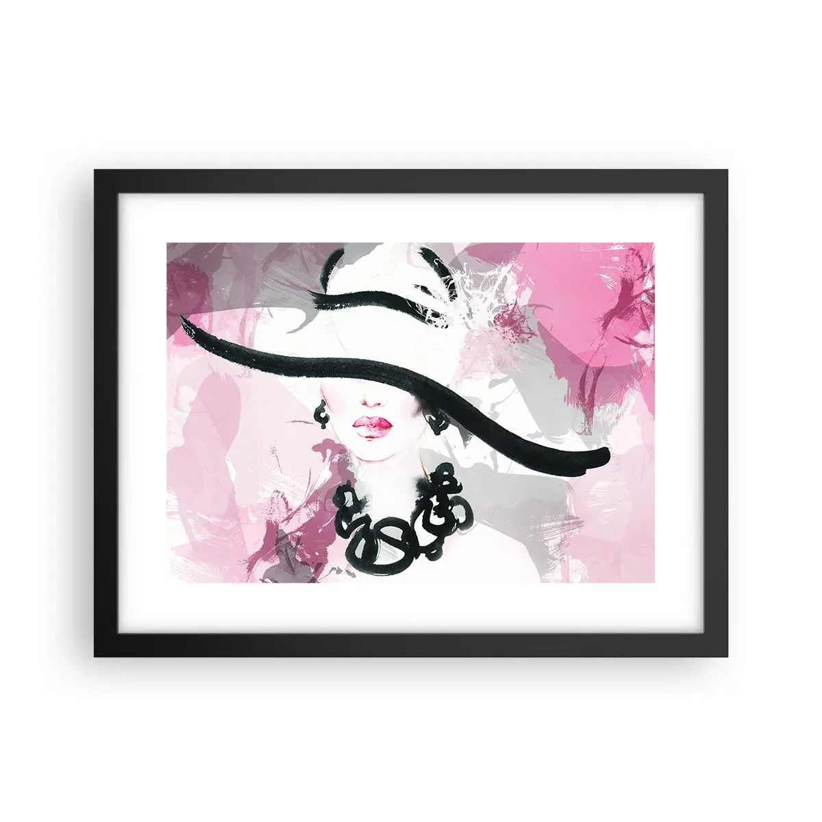 Póster en marco negro - Retrato de una dama en negro y rosa - 40x30 cm
