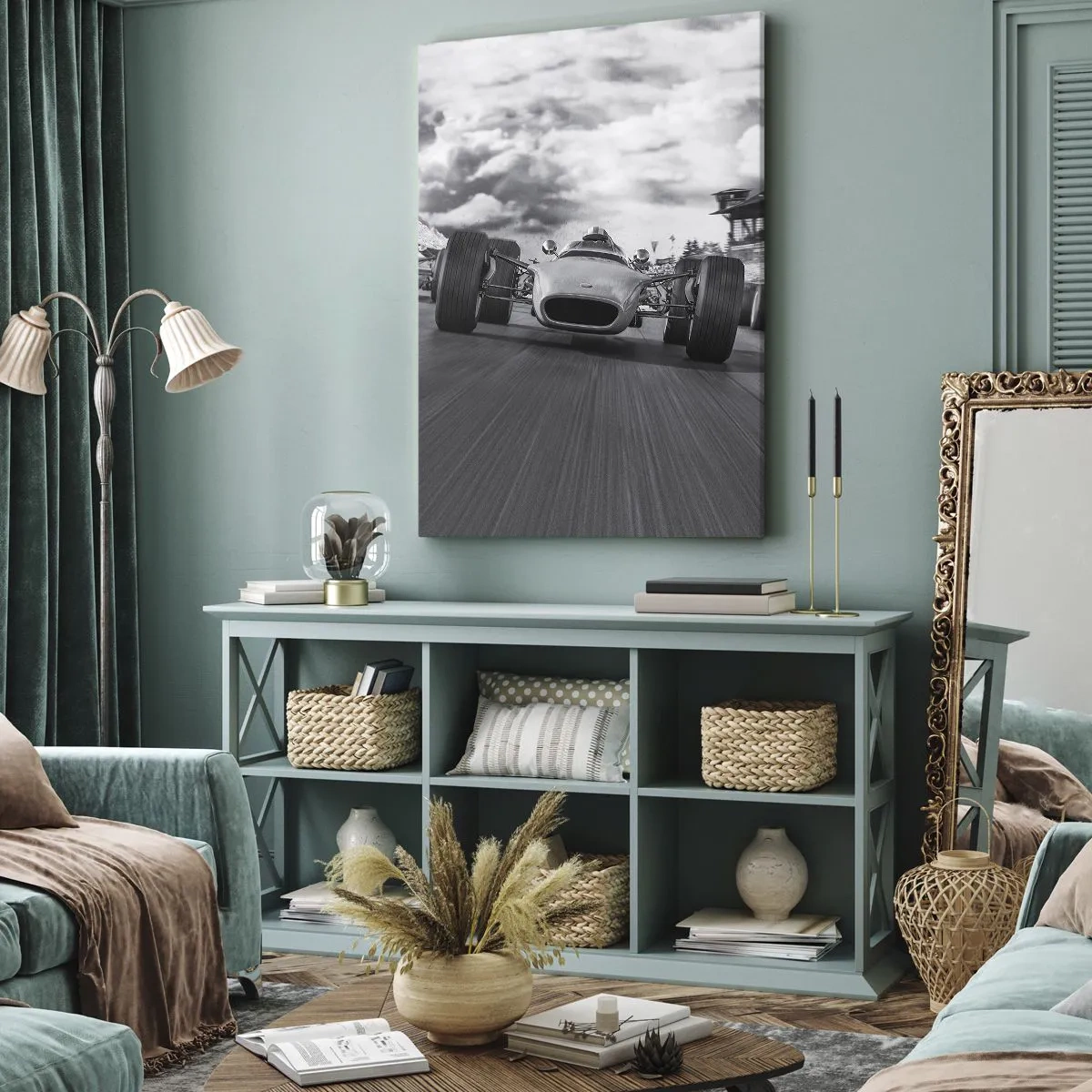 Cuadro sobre lienzo - Impresión de Imagen - Carrera de coches clásicos en movimiento - 50x70cm - ¡Hay poder! - Decoración de pared moderna para salón y dormitorio ARTTOR