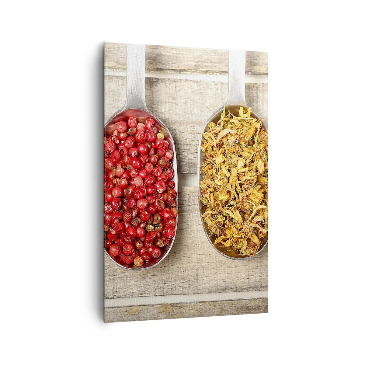 Cuadro sobre lienzo - Impresión de Imagen - Tres cucharas de metal con especias sobre un fondo de madera. - 80x120cm - La magia de la cocina - Decoración de pared moderna para salón y dormitorio ARTTOR