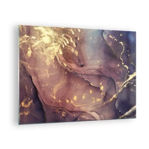 Cuadro sobre vidrio - Impresiones sobre Vidrio - Una composición abstracta con manchas y estructura de color púrpura y dorado. - 70x50cm - Materia y espíritu - Decoración de pared moderna para salón y dormitorio ARTTOR