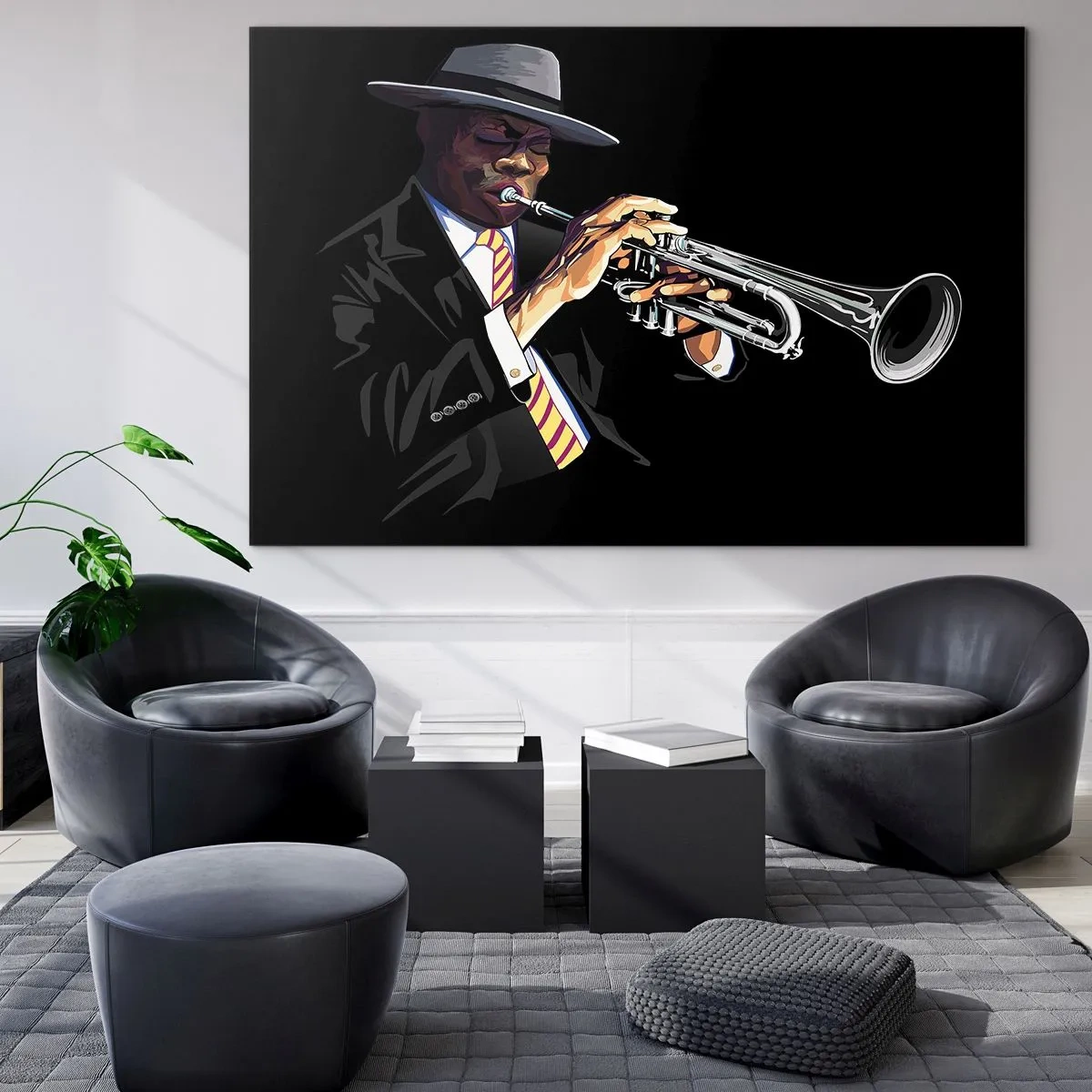 Cuadro sobre vidrio - Impresiones sobre Vidrio - Un músico negro con una trompeta y un sombrero sobre un fondo negro. - 70x50cm - El encanto de la vieja escuela - Decoración de pared moderna para salón y dormitorio ARTTOR