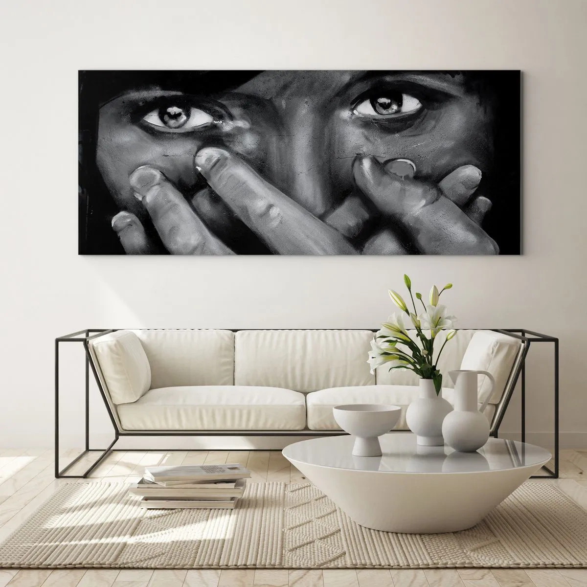 Cuadro sobre vidrio - Impresiones sobre Vidrio - Retrato en blanco y negro de una mujer cubriéndose la cara con las manos. - 120x50cm - No diré quién lo pintó - Decoración de pared moderna para salón y dormitorio ARTTOR