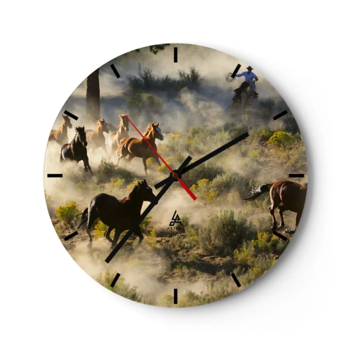 Reloj de pared - Reloj de vidrio - Caballos al galope en el polvo - 30x30cm - Rivalidad: ¿libertad o fuerza? - Decoración de pared moderna para salón, cocina y dormitorio ARTTOR