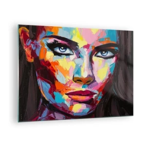 Cuadro sobre vidrio - Impresiones sobre Vidrio - Retrato colorido de una mujer en estilo abstracto. - 70x50cm - Un alma colorida también - Decoración de pared moderna para salón y dormitorio ARTTOR