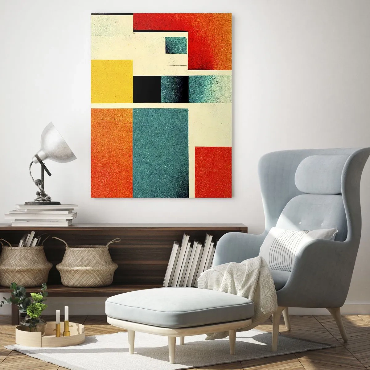 Cuadro sobre vidrio - Impresiones sobre Vidrio - Rectángulos geométricos coloridos en estilo retro - 50x70cm - Abstracción geométrica - buena energía - Decoración de pared moderna para salón y dormitorio ARTTOR