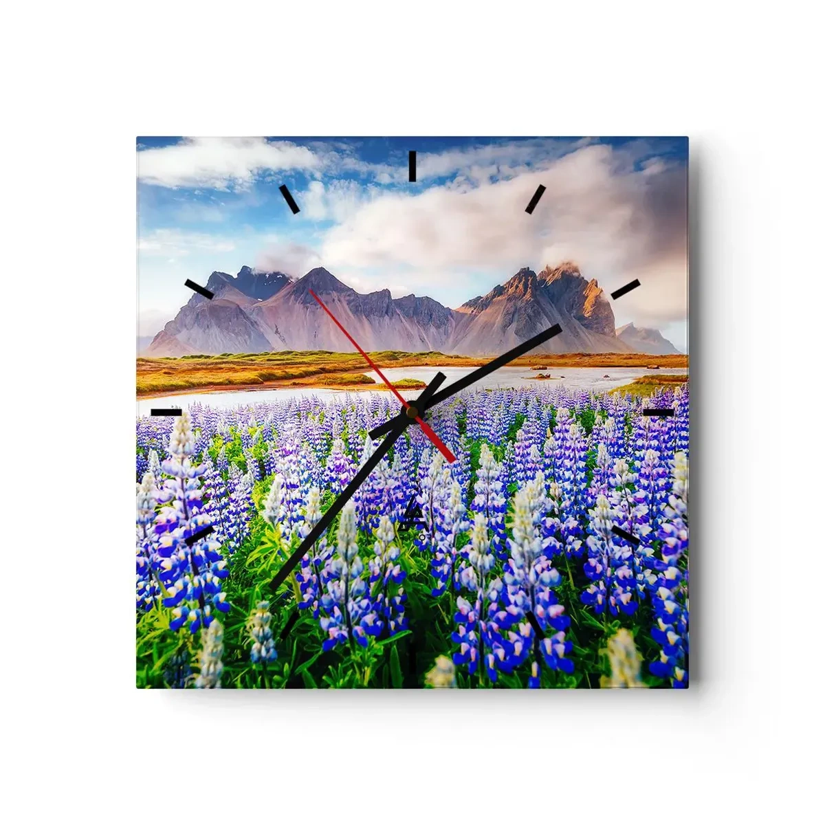 Reloj de pared - Reloj de vidrio - Flores en un paisaje de montaña con un cielo pintoresco. - 30x30cm - La fuerza y la severidad junto a la dulzura - Decoración de pared moderna para salón y dormitorio ARTTOR