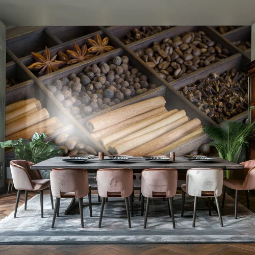 Fotomural Premium Sand - Especias y café en compartimentos de madera. - 100x70cm - Un tesoro de aromas - Decoración de pared moderna para salón y dormitorio ARTTOR