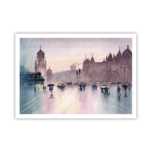 Póster - Una calle de la ciudad al anochecer en estilo acuarela. - 100x70cm - En una niebla lluviosa - Decoración de pared moderna para salón y dormitorio ARTTOR