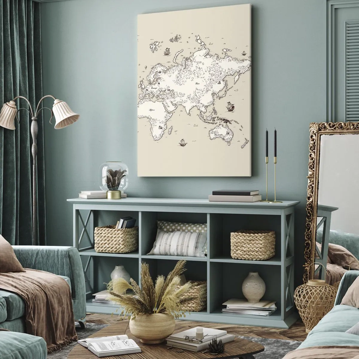 Cuadro sobre lienzo - Impresión de Imagen - Un mapa estilizado del mundo en tonos beige y marrón. - 50x70cm - Un viaje alrededor del mundo - Decoración de pared moderna para salón y dormitorio ARTTOR