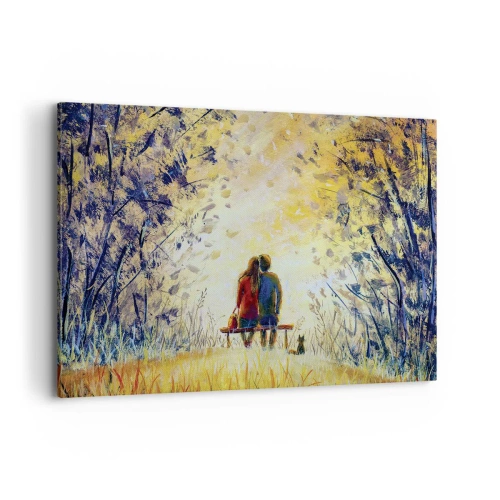 Cuadro sobre lienzo - Impresión de Imagen - Una pareja sentada en un banco entre árboles otoñales bajo la luz del sol. - 120x80cm - Un momento mágico - Decoración de pared moderna para salón y dormitorio ARTTOR