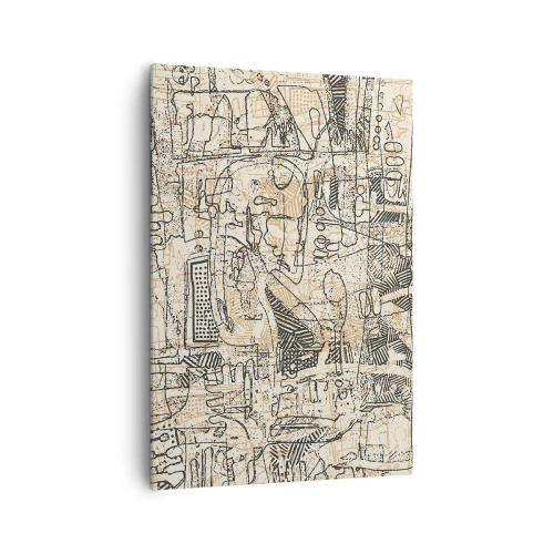 Cuadro sobre lienzo - Impresión de Imagen - Patrones y líneas abstractas sobre un fondo beige - 70x100cm - A la espera de ser descifrado - Decoración de pared moderna para salón y dormitorio ARTTOR