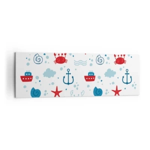 Cuadro sobre lienzo - Impresión de Imagen - Patrón náutico con anclas, barcos y cangrejos. - 160x50cm - Un cuento de mar - Decoración de pared moderna para salón y dormitorio ARTTOR