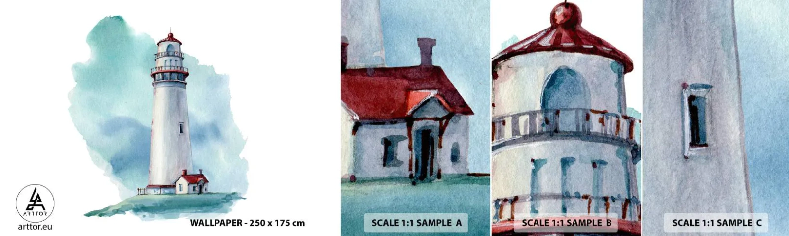 Muestra De Fotomural Standard Eco - Gentil hermana del azul - Faro, Playa, Dibujo - 100x30 cm