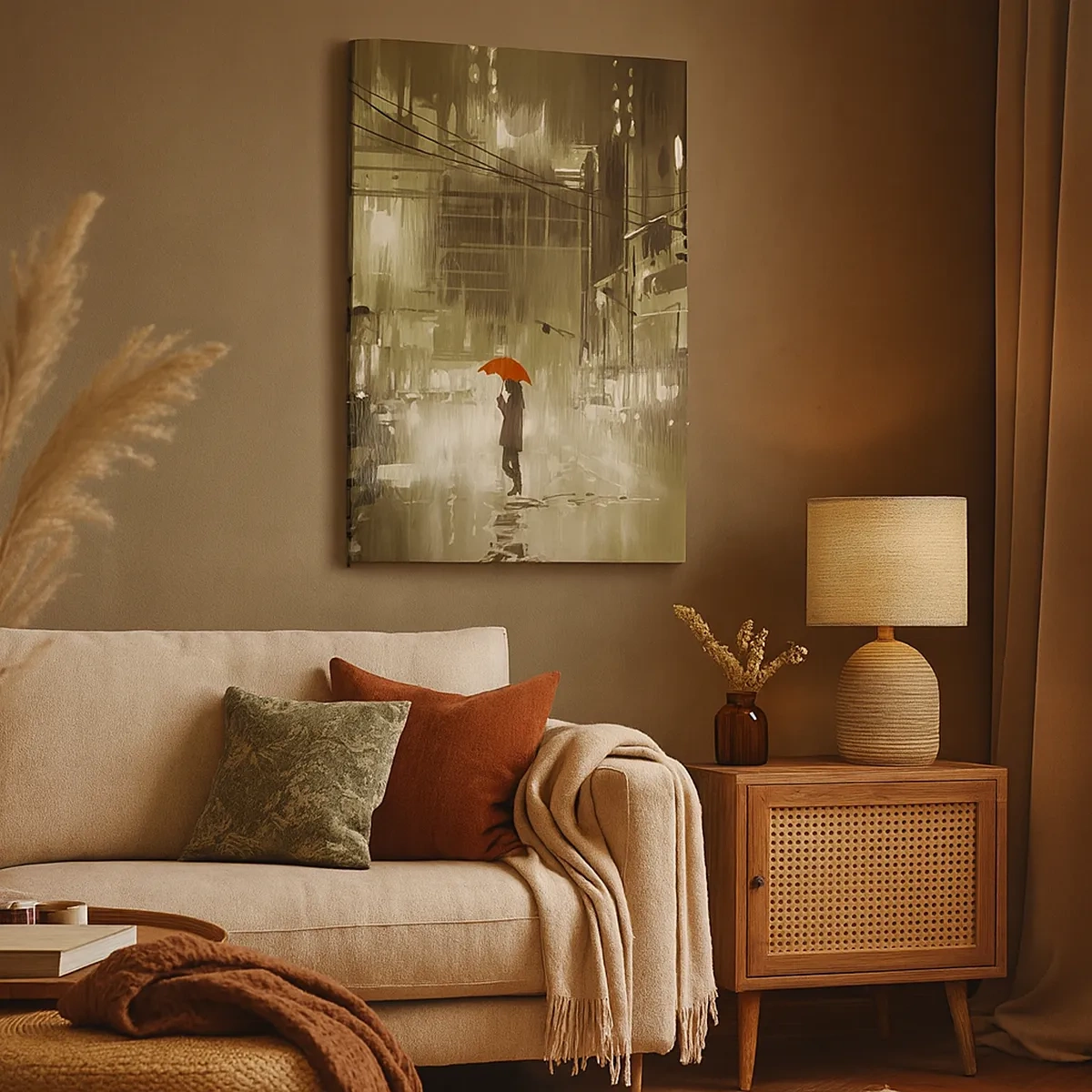 Cuadro sobre lienzo - Impresión de Imagen - Una figura con un paraguas rojo en una ciudad lluviosa. - 50x70cm - Soledad en la urbe - Decoración de pared moderna para salón y dormitorio ARTTOR